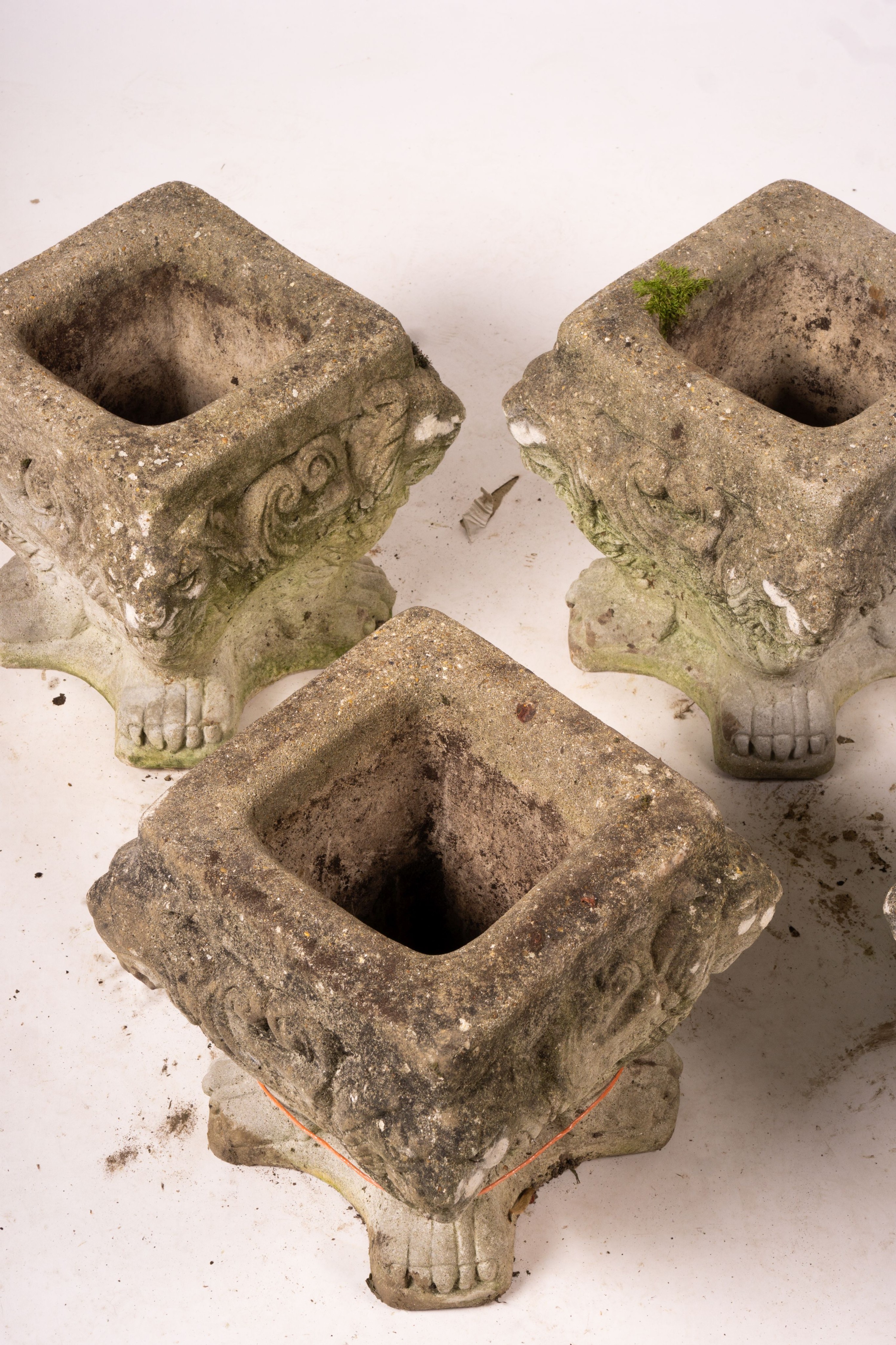 A set of five reconstituted stone lion mask square garden planters, W.30cm H.32cm